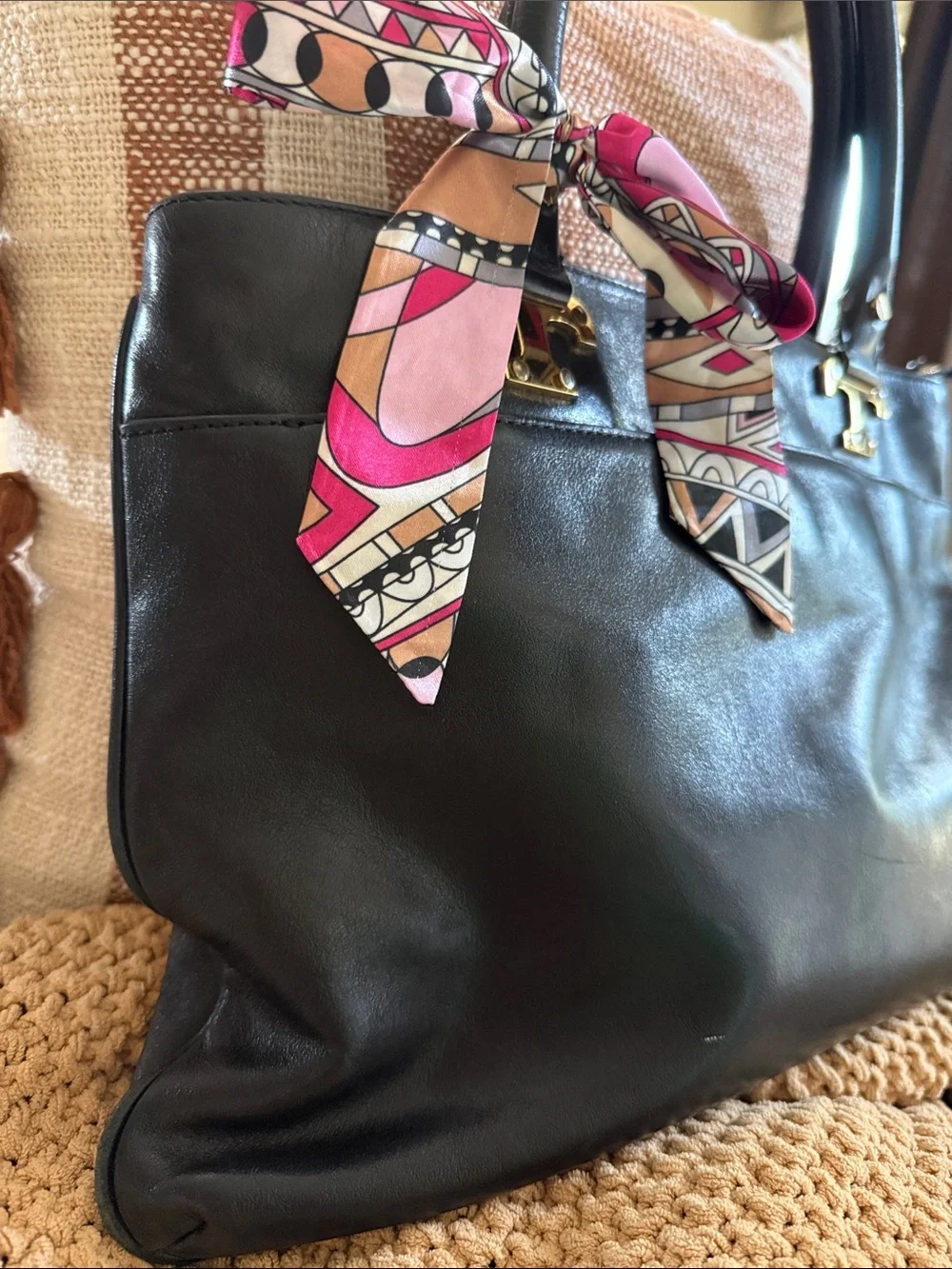 Tory Burch Black Leather Satchel with Pink Patterned Scarf